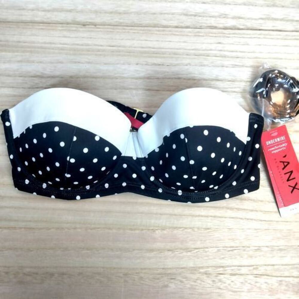 Spanx Retro Balconette Swim Bikini Top Underwire Black White Polka Dot Size 10